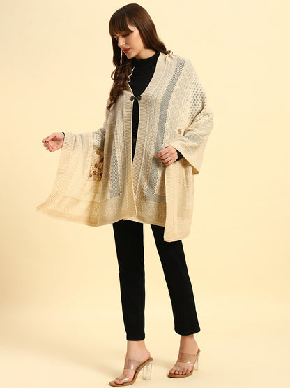 Women Self Design Beige Hook Closure Stoles