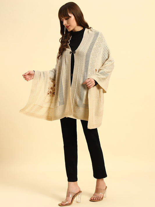 Women Self Design Beige Hook Closure Stoles