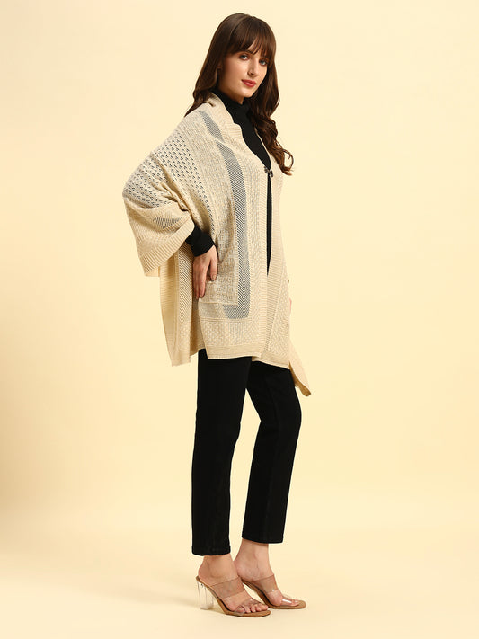 Women Self Design Beige Hook Closure Stoles