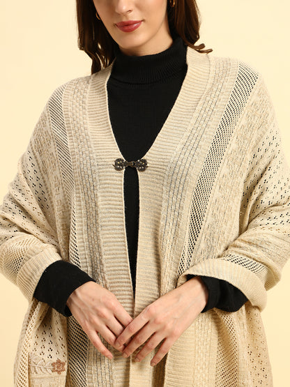 Women Self Design Beige Hook Closure Stoles