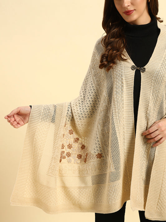 Women Self Design Beige Hook Closure Stoles