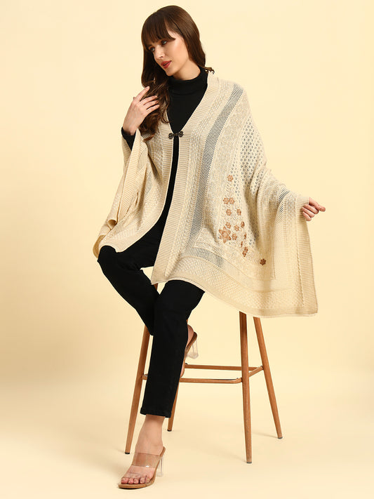 Women Self Design Beige Hook Closure Stoles
