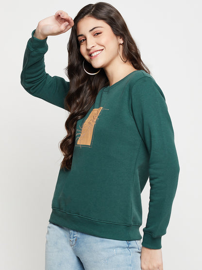 Women's Casual  Bottle Green Regular Full Sleeve Pullover Sweatshirt