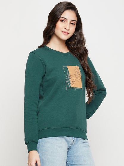 Women's Casual  Bottle Green Regular Full Sleeve Pullover Sweatshirt