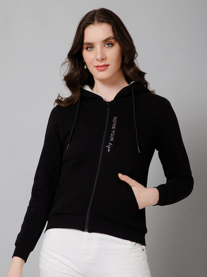 Women's Casual  Black Regular Full Sleeve Zipthru Hoodie Fleece Sweatshirt