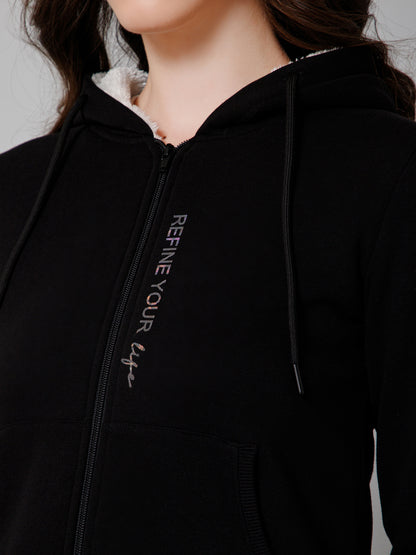 Women's Casual  Black Regular Full Sleeve Zipthru Hoodie Fleece Sweatshirt