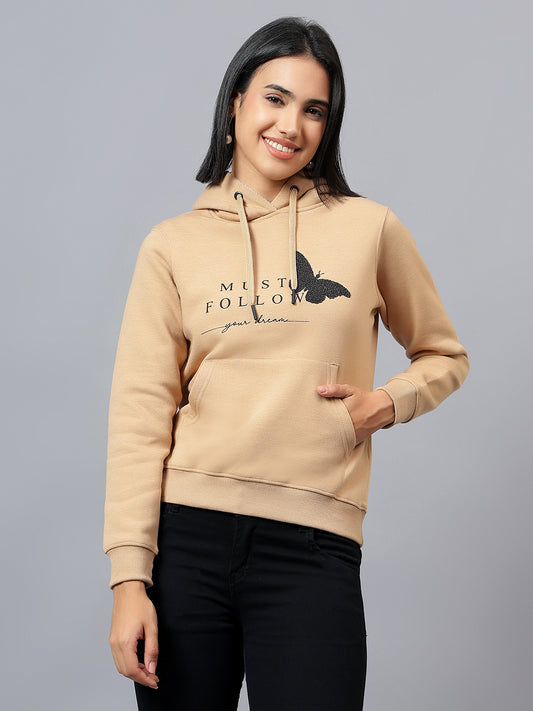 Women's Khaki Printed Hooded Sweatshirt