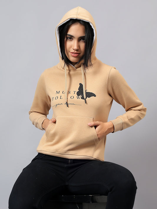 Women's Khaki Printed Hooded Sweatshirt