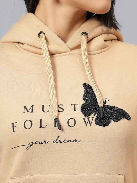 Women's Khaki Printed Hooded Sweatshirt