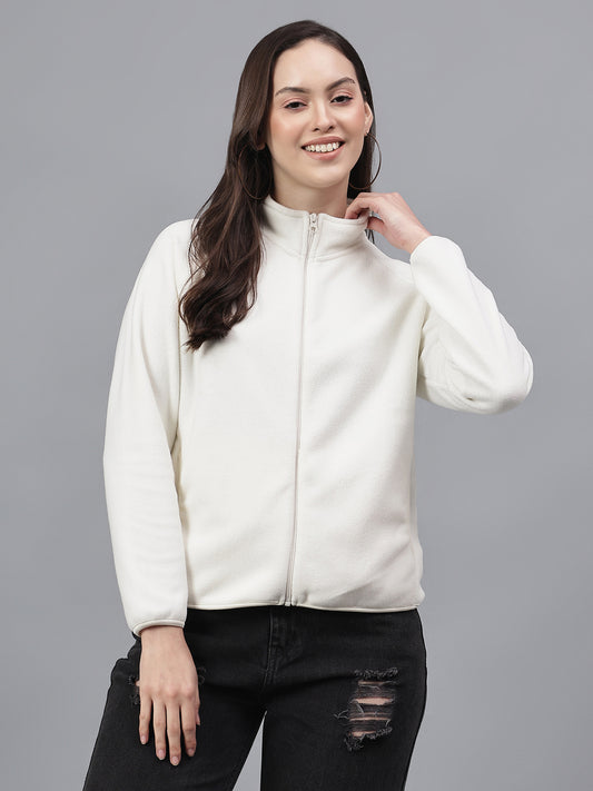 Cantabil Women's Ivory Solid Mock Collar Full Sleeves Casual Sweatshirt