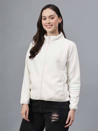 Cantabil Women's Ivory Solid Mock Collar Full Sleeves Casual Sweatshirt