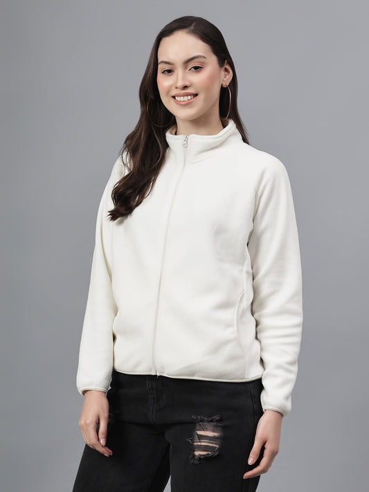 Cantabil Women's Ivory Solid Mock Collar Full Sleeves Casual Sweatshirt
