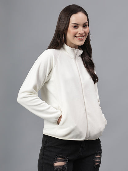 Cantabil Women's Ivory Solid Mock Collar Full Sleeves Casual Sweatshirt