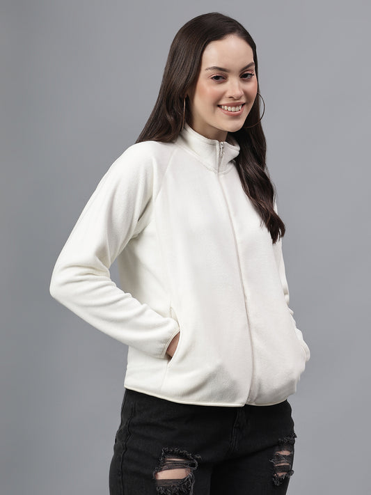 Cantabil Women's Ivory Solid Mock Collar Full Sleeves Casual Sweatshirt