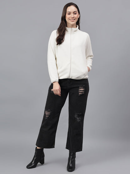 Cantabil Women's Ivory Solid Mock Collar Full Sleeves Casual Sweatshirt