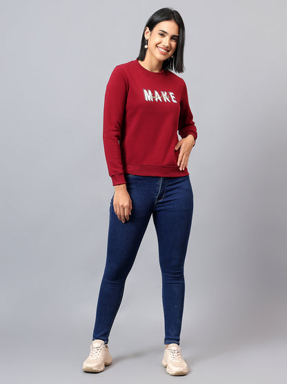 Women's Maroon Printed Round Neck Sweatshirt