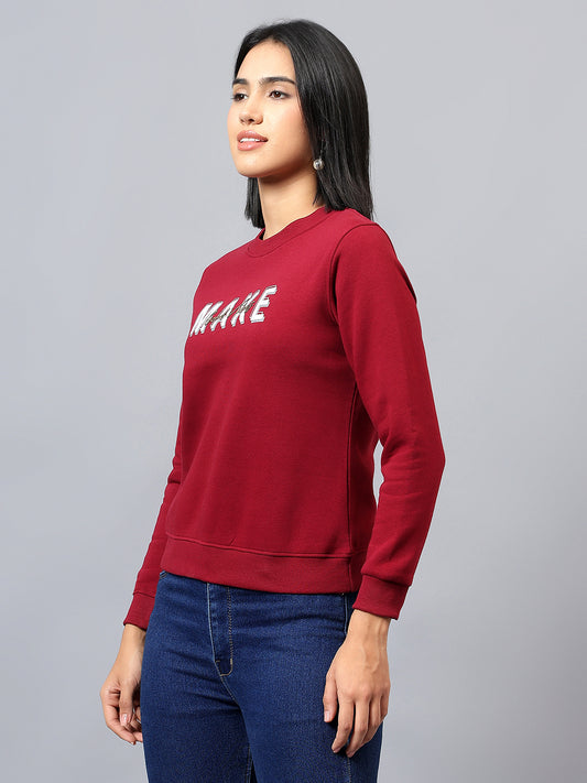 Women's Maroon Printed Round Neck Sweatshirt