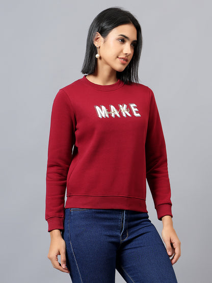 Women's Maroon Printed Round Neck Sweatshirt