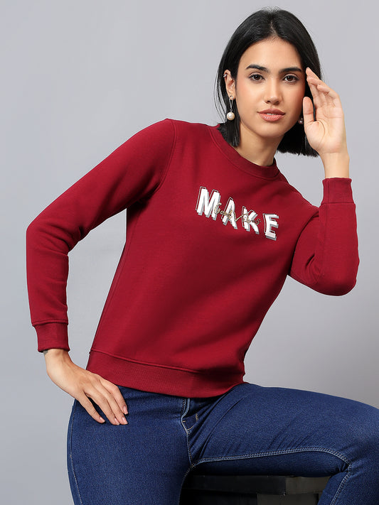 Women's Maroon Printed Round Neck Sweatshirt