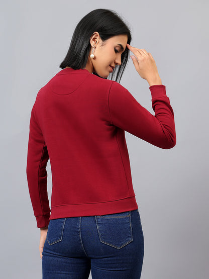 Women's Maroon Printed Round Neck Sweatshirt