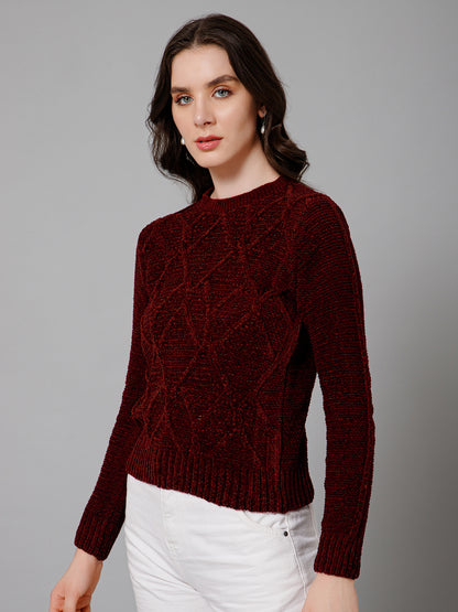 Women's Casual  Maroon Round neck Pullover Sweater