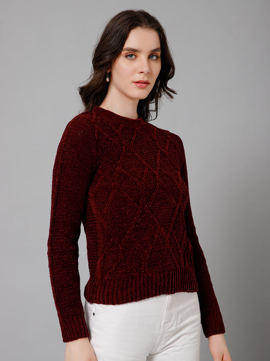 Women's Casual  Maroon Round neck Pullover Sweater