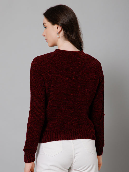 Women's Casual  Maroon Round neck Pullover Sweater