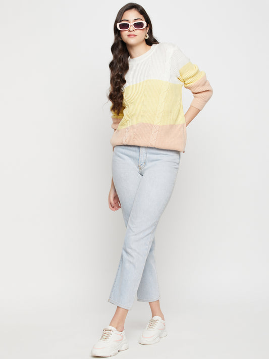 Women's Casual  OffWhite Round neck Color Block Pullover Sweater