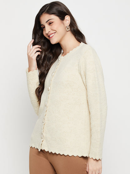 Women's Casual  Ivory Round neck Cardigan Sweater