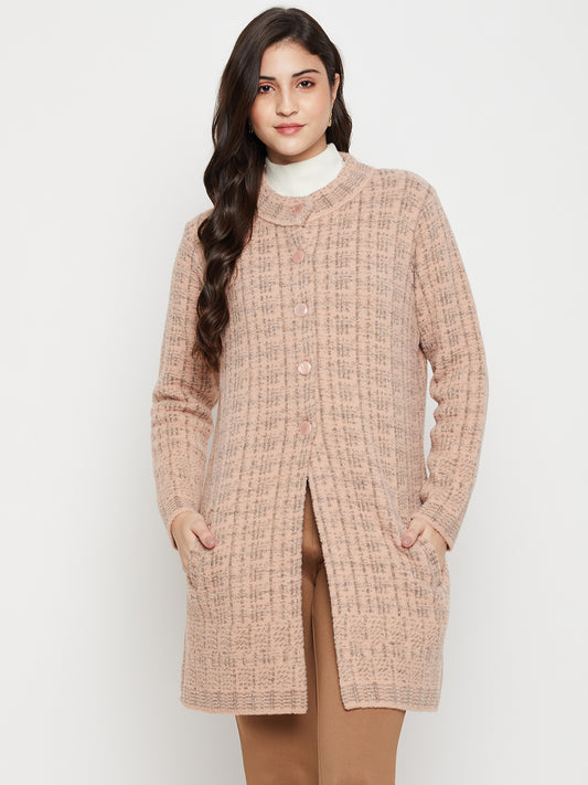 Women's Casual  Pink Round neck Long Cardigan Sweater