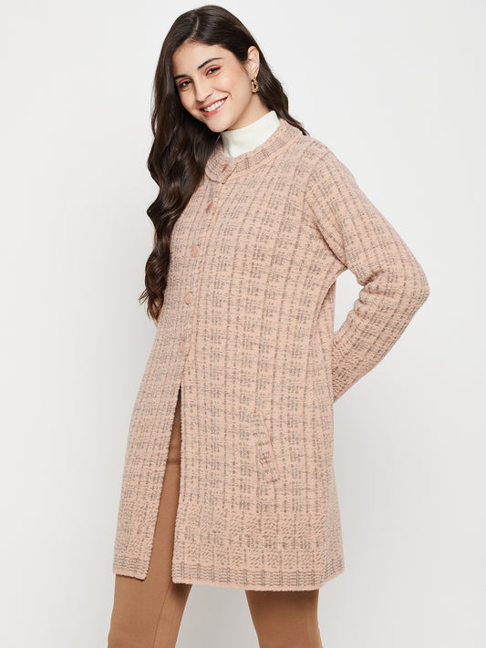Women's Casual  Pink Round neck Long Cardigan Sweater