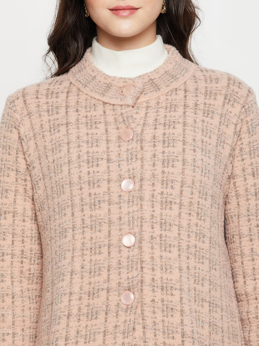 Women's Casual  Pink Round neck Long Cardigan Sweater