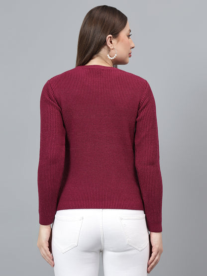 Women's Self Design Mulberry Full Sleeves Casual Sweater