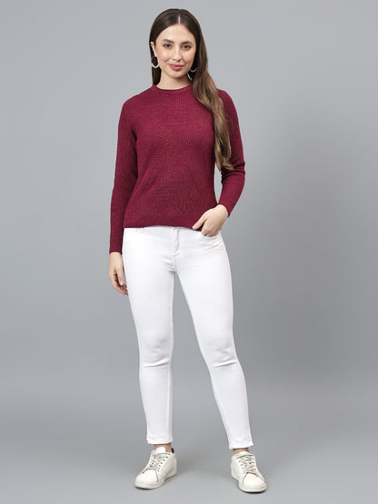 Women's Self Design Mulberry Full Sleeves Casual Sweater