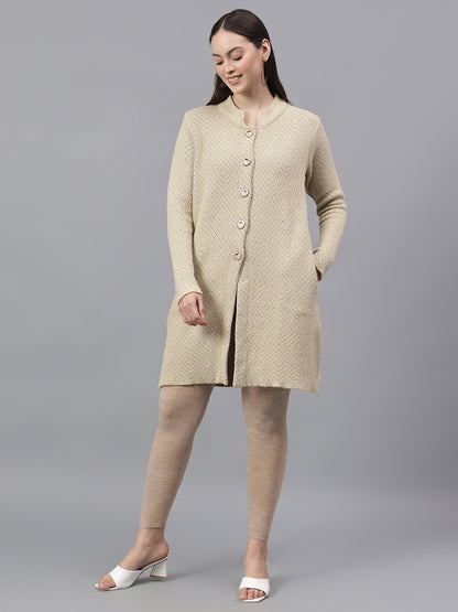 Women's Self Design Beige Mock Neck Full Sleeves Casual Sweater