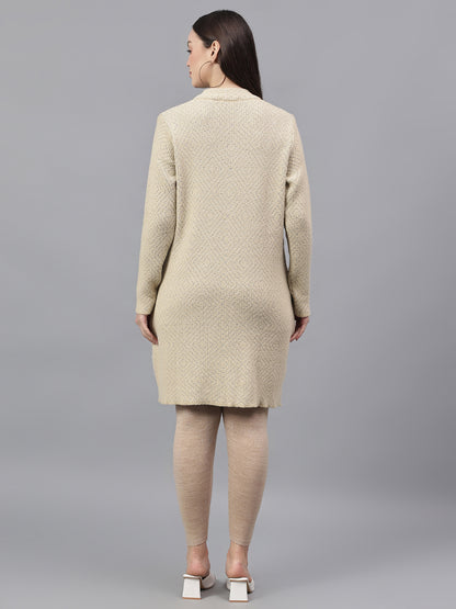 Women's Self Design Beige Mock Neck Full Sleeves Casual Sweater