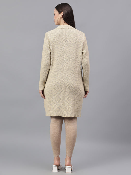 Women's Self Design Beige Mock Neck Full Sleeves Casual Sweater