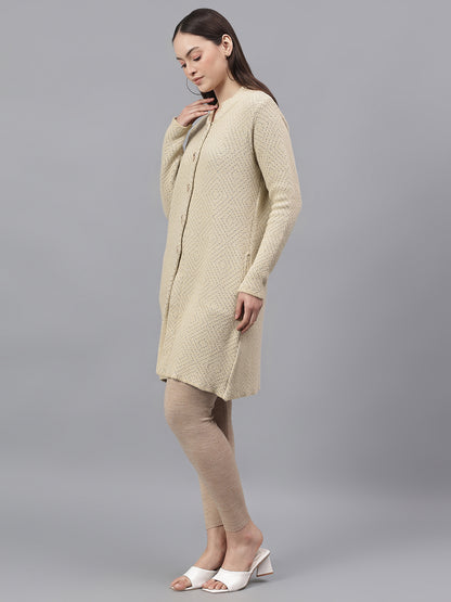 Women's Self Design Beige Mock Neck Full Sleeves Casual Sweater