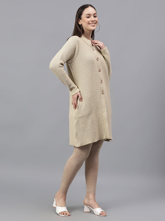 Women's Self Design Beige Mock Neck Full Sleeves Casual Sweater