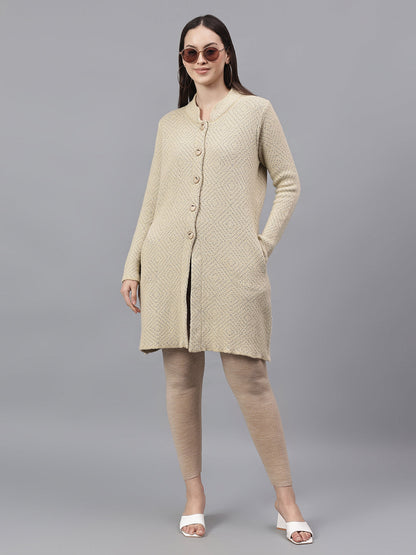 Women's Self Design Beige Mock Neck Full Sleeves Casual Sweater