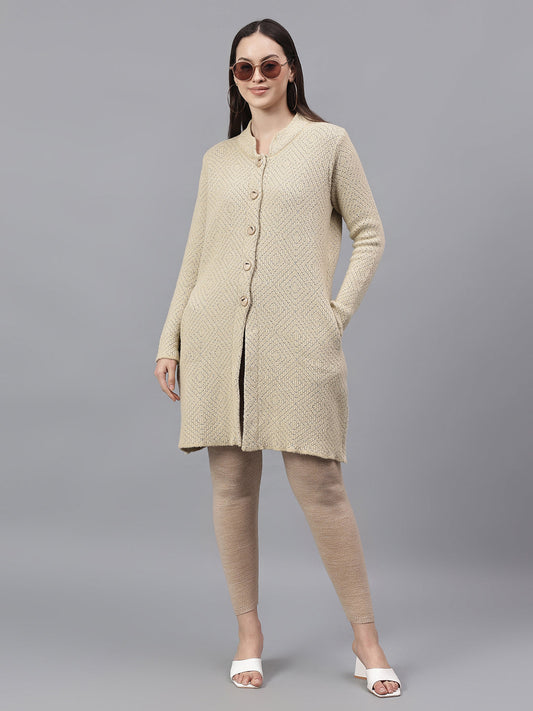 Women's Self Design Beige Mock Neck Full Sleeves Casual Sweater