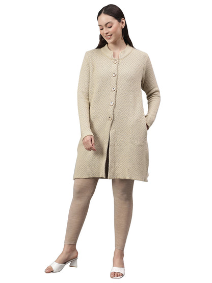 Women's Self Design Beige Mock Neck Full Sleeves Casual Sweater