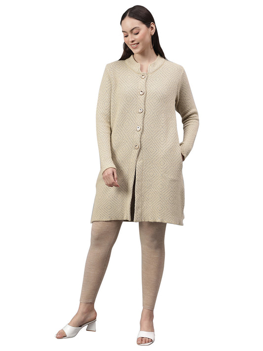 Women's Self Design Beige Mock Neck Full Sleeves Casual Sweater