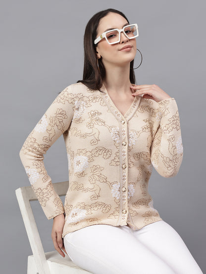 Women's Self Design Beige V-Neck Full Sleeves Casual Sweater