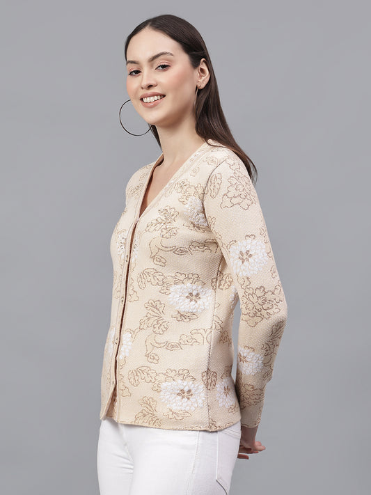 Women's Self Design Beige V-Neck Full Sleeves Casual Sweater