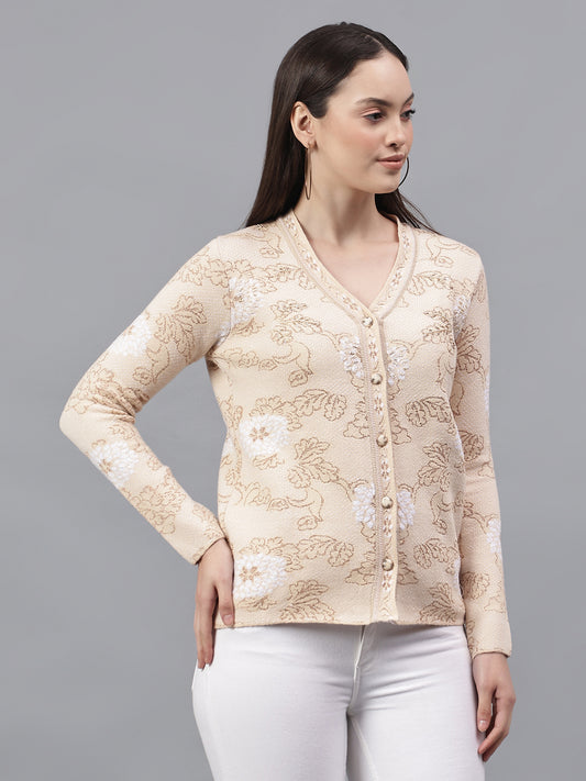 Women's Self Design Beige V-Neck Full Sleeves Casual Sweater