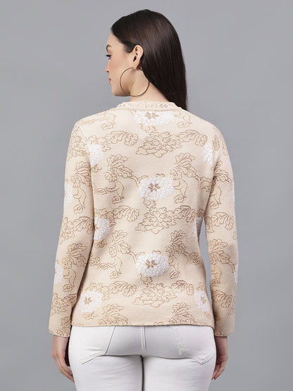 Women's Self Design Beige V-Neck Full Sleeves Casual Sweater