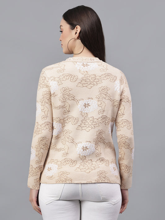 Women's Self Design Beige V-Neck Full Sleeves Casual Sweater