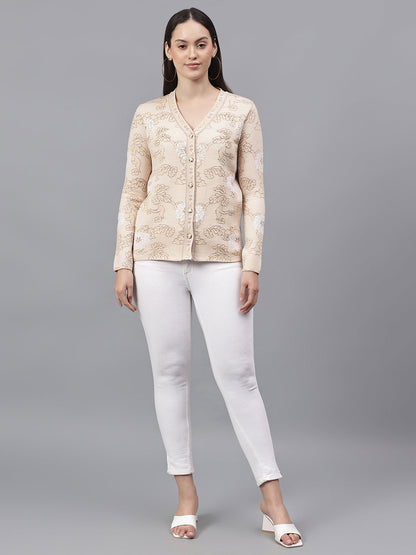 Women's Self Design Beige V-Neck Full Sleeves Casual Sweater