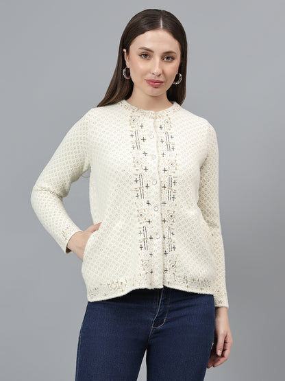 Women's Self Design Ivory Full Sleeves Casual Sweater